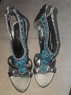 Carlos Santana, Open Stilletos, Metallic Gray With Turquoise Stones, Size 7.5